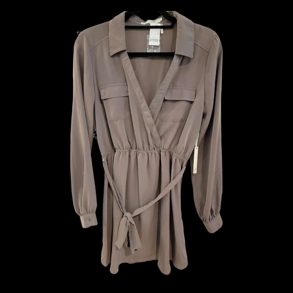 Long Sleeve Taupe Wrap Tie Waist Dress, Large